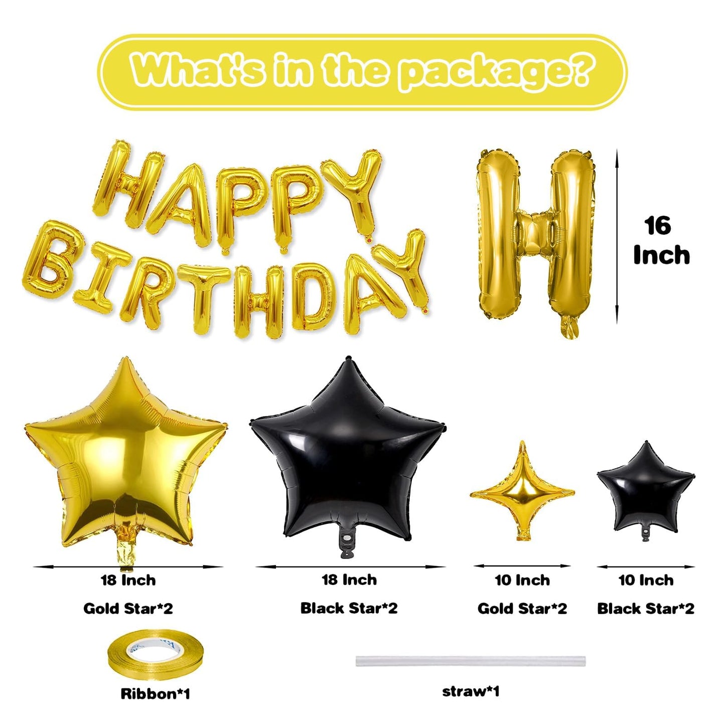 Happy Birthday Balloons Banner, Gold Happy Birthday Foil Balloons 16 Inch Mylar Foil Letter Balloons With 8 Pcs Black Gold Star