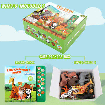 Tudoccy Safari Animals Figures Toys - 13 Realistic Plastic Figurines & Sound Book - Educational Gift for Kids 3 Years & Up - Multi-color