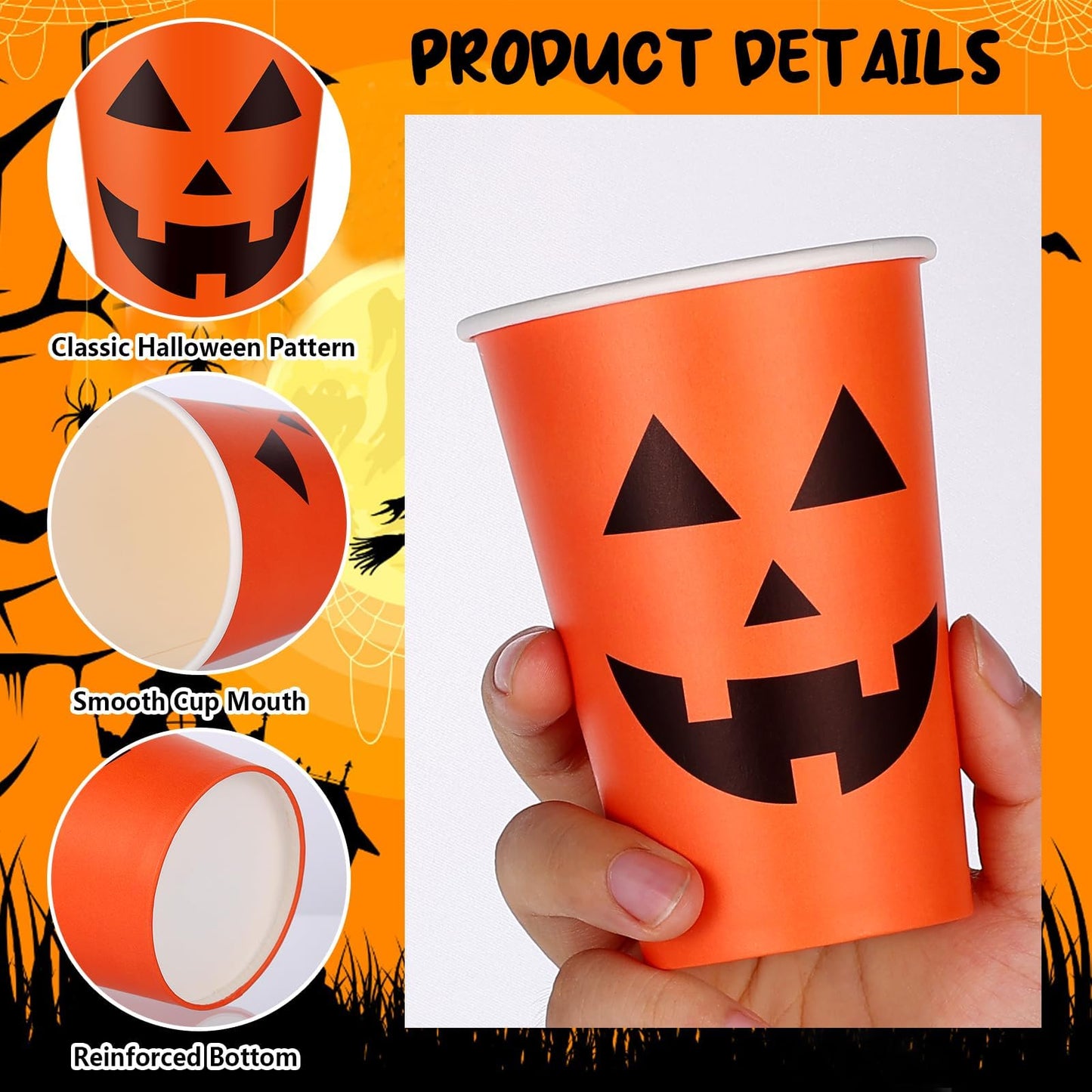 100 Pcs Halloween Party Cups 12 oz Pumpkin Vampire Bat Ghost Paper Cups Disposable Halloween Cups for Hot Cold Drinks Trick or T