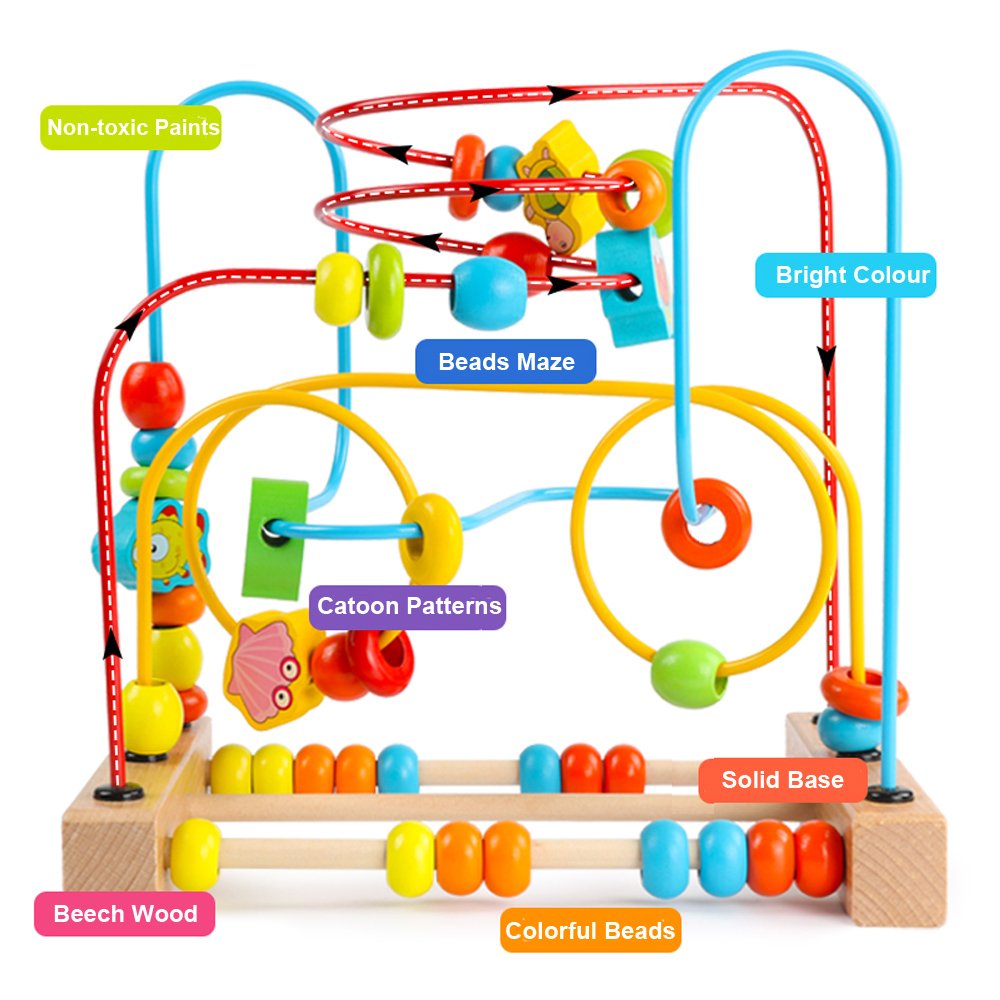 Timy Bead Maze Roller Coaster Toy - Educational Wooden Toy for Toddlers, Medium, Multicolor, Model UL-MABM