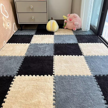 18Pcs Plush Puzzle Foam Floor Mat, 11.8X11.8In Soft Anti-Slip Puzzle Area Rug Playmat For Room,Black+Camel+Grey