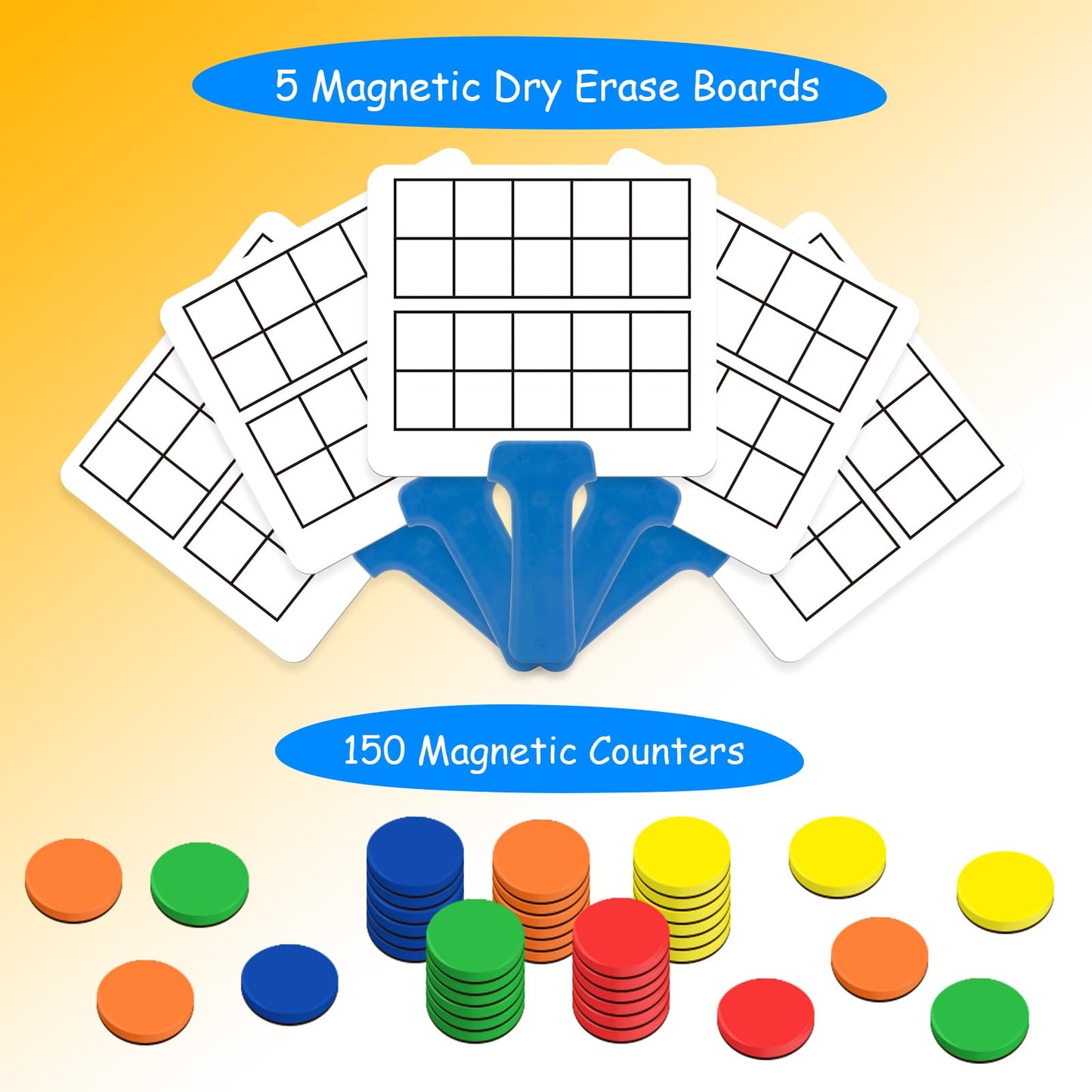 Quilinz Magnetic Ten Frame Set - 5 Dry Erase Paddles & 150 Math Counters, Math Manipulatives for Kids, Red/Orange/Yellow/Green/Blue, EVA
