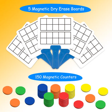 Quilinz Magnetic Ten Frame Set - 5 Dry Erase Paddles & 150 Math Counters, Math Manipulatives for Kids, Red/Orange/Yellow/Green/Blue, EVA
