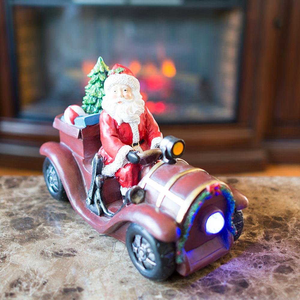 Bestpysanky Santa Driving Classic Car With Led Lights Figurine 10.5 Inches Long