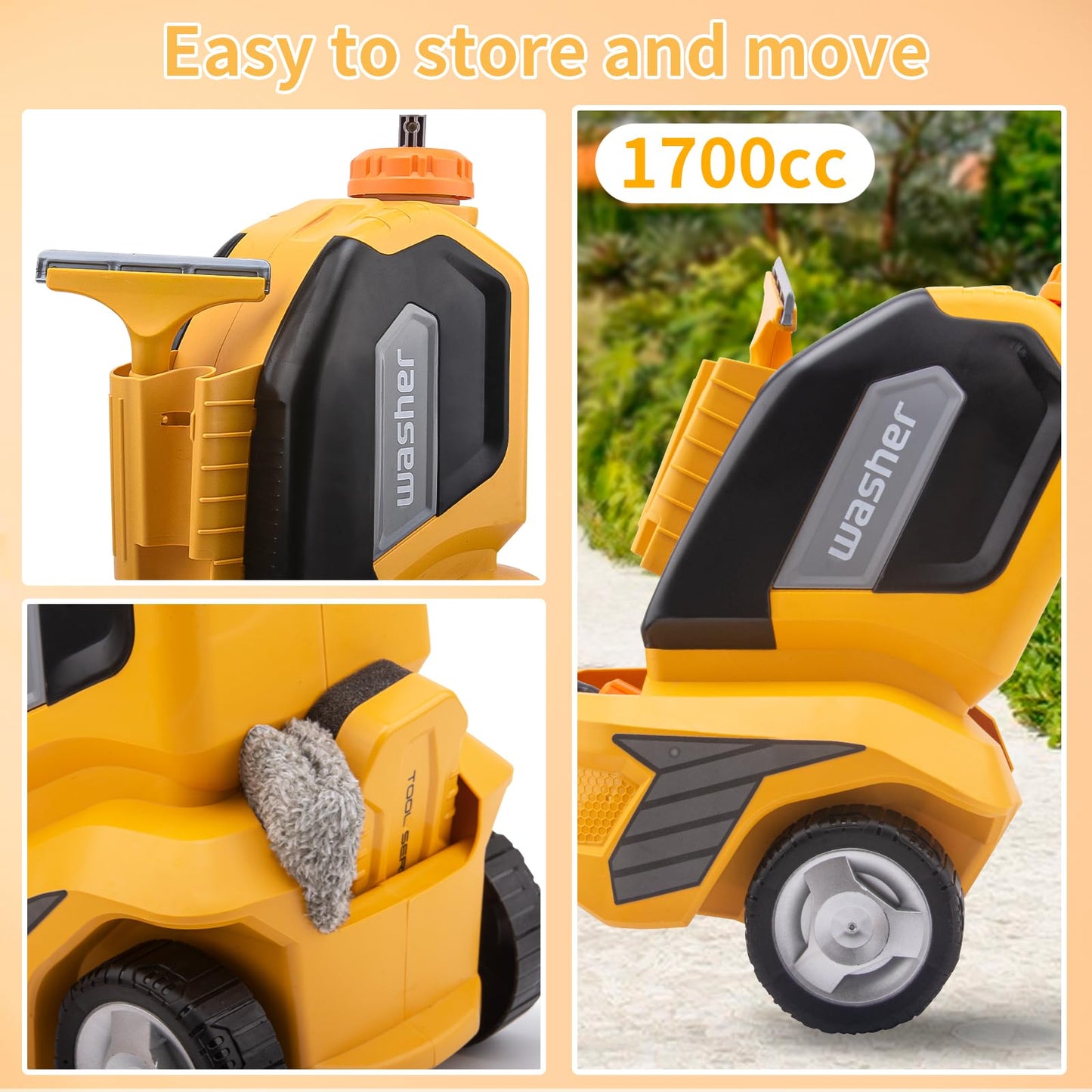 CZOALX Kids Car Wash Toy Set - Manual Pressure Washer, Sponge, Scraper, Universal Size, Yellow, Model T017, Pretend Play Gift for Ages 3+