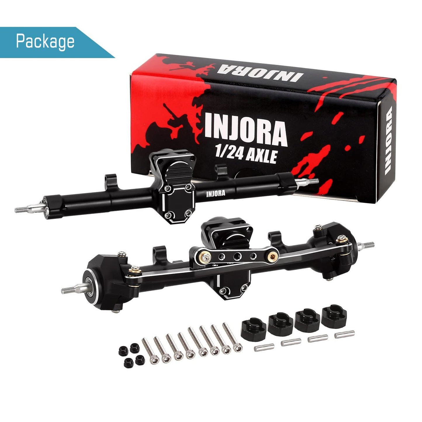 INJORA Front & Rear Axles Set +4mm Extended Black Axles Upgrades Set for SCX24 Deadbolt JLU C10 Bronco Gladiator Axial 1/24 RC C