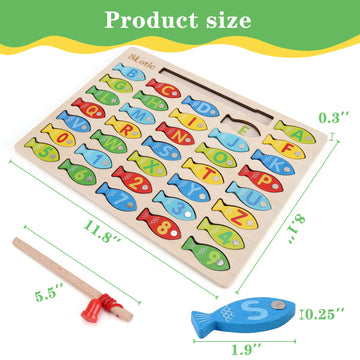 Slotic Magnetic Wooden Fishing Game Toy For Toddlers - Alphabet Abc Fish Catching Counting Learning Education Math Preschool Board Games Toys Gifts For 3 4 5 Years Old Girl Boy Kids