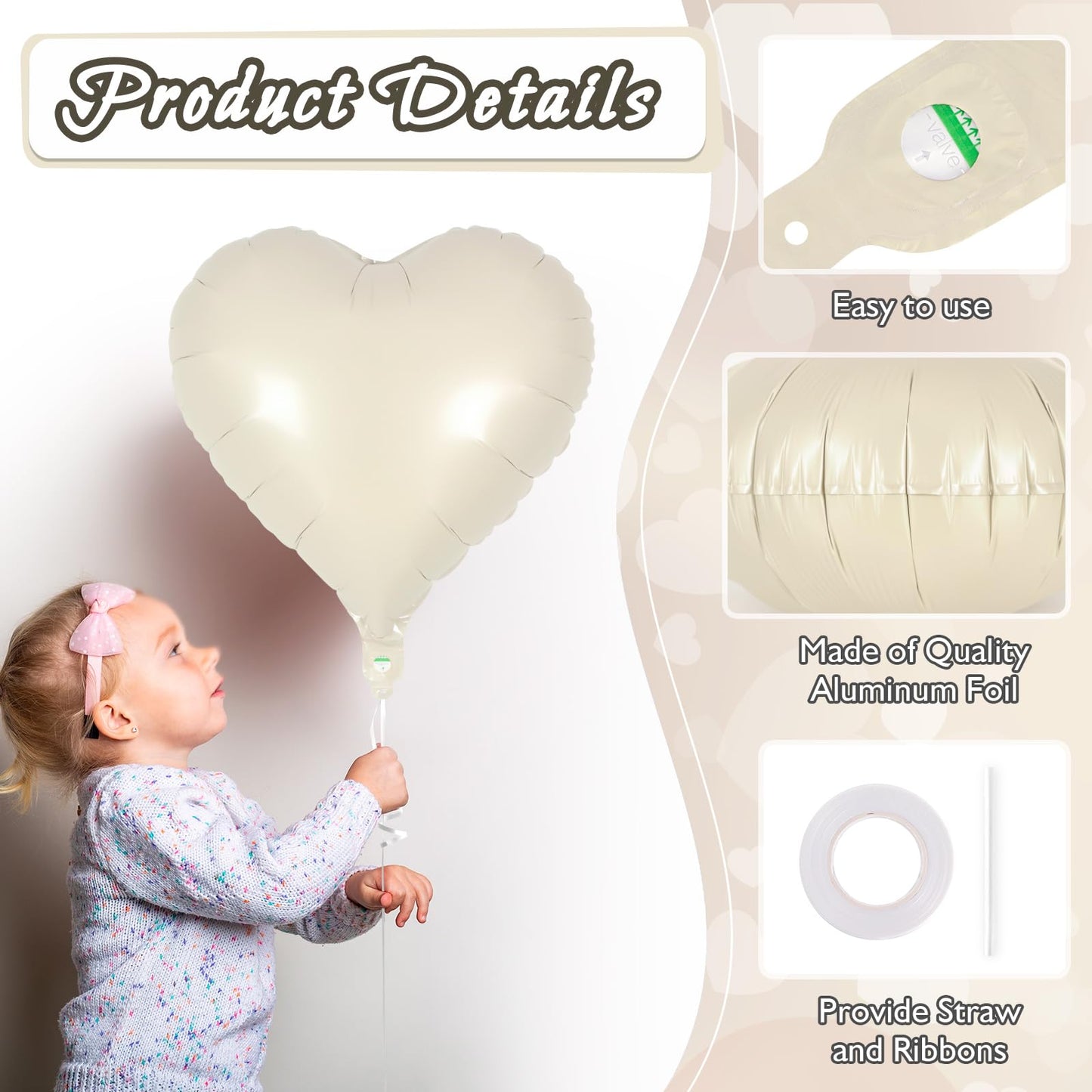12 Pcs Cream Heart Balloons,18 Inch Cream White Heart Shape Foil Balloons Love Balloons Valentine Balloons For Birthday Party We
