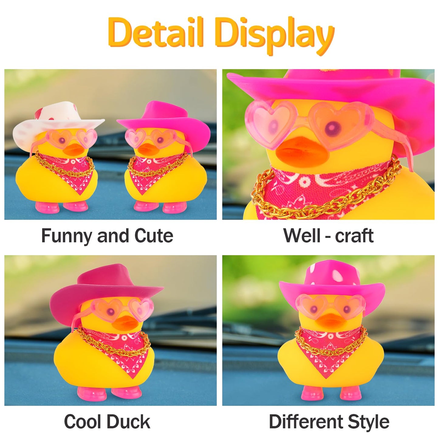 wonuu Cute Ducky in Shoes, Car Dashboard Decorations Pink Cowboy Hat Rubber Ducks, Duck for Car Ornament Accessories with Hat, G