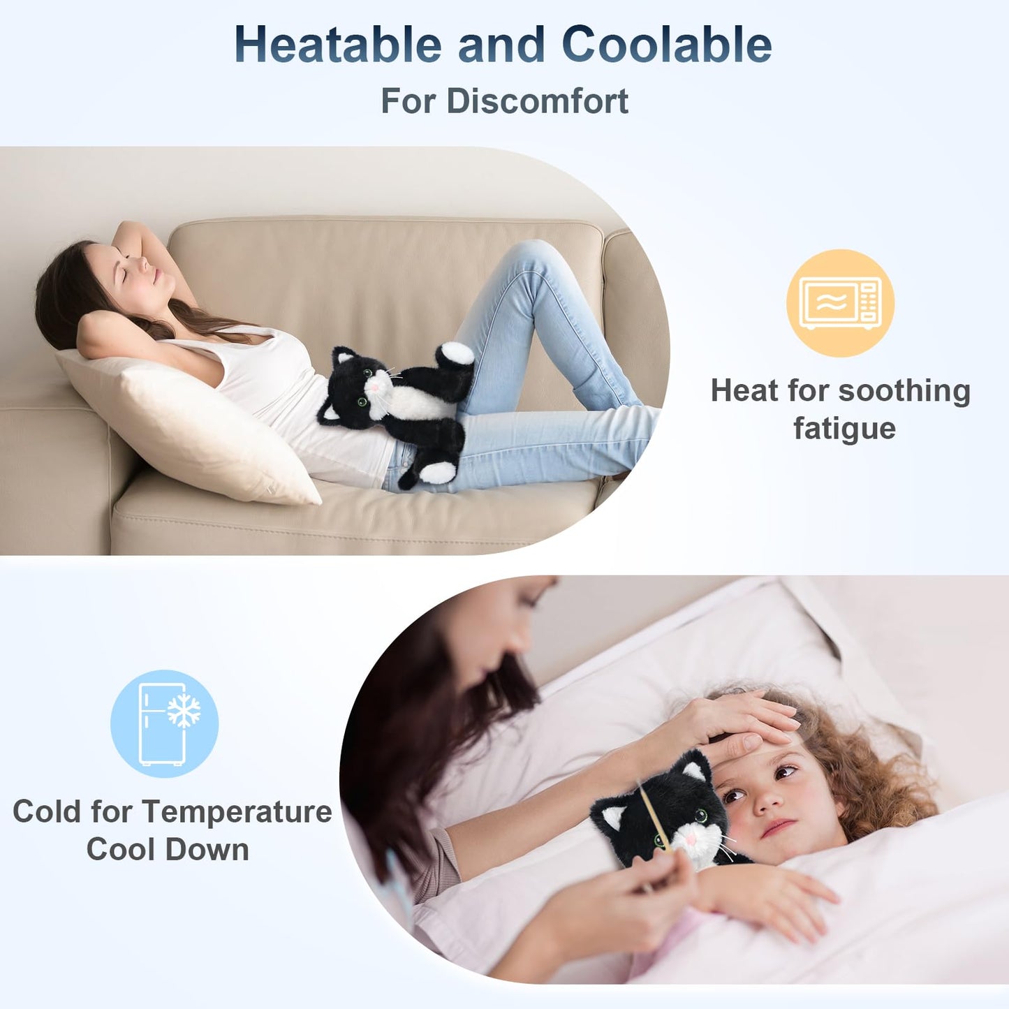 SuzziPals Heatable & Coolable Black and White Cat Stuffed Animal, Cat Heating Pad Microwavable for Soothing & Relaxation, Lavend