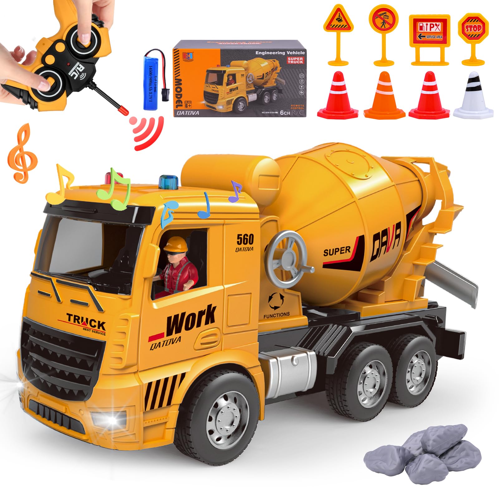 Construction Toys for Boys - Cement Mixer Toy Truck with Lights Sounds & Working Movable Parts, Remote Control Rechargable Cars 