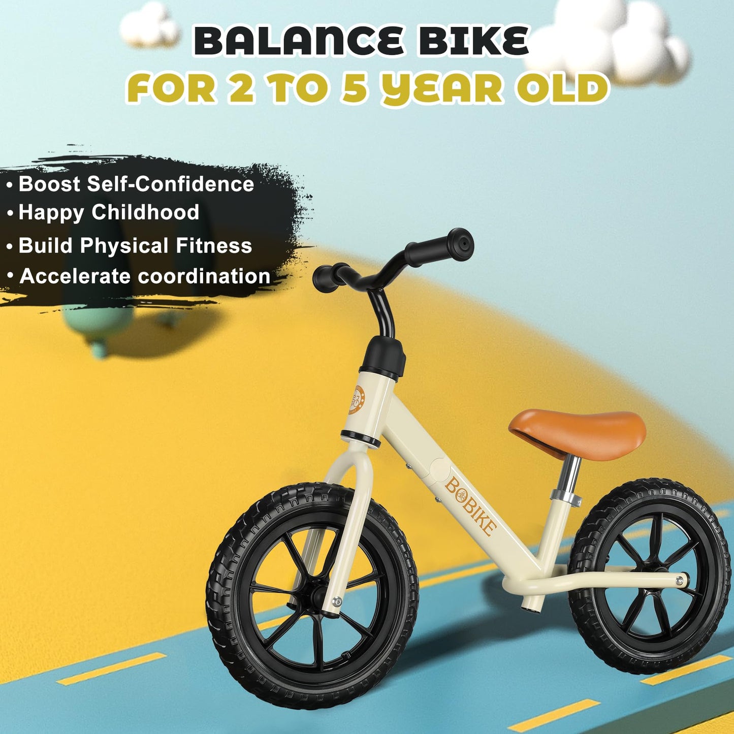 Bobike Toddler Balance Bike Toys For 2 To 5 Year Old Girls Boys Adjustable Seat And Handlebar No-Pedal Training Bike Best Gifts For Kids (White)