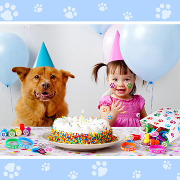 Skylety 58 Pcs Dog Paw Print Party Favors Set, Paw Print Stamps Rubber Silicone Bracelets Sticker Keychain, Puppy Birthday Party Favors Patrol Supplies, Gift Bag Stuffer (Multi Colors)