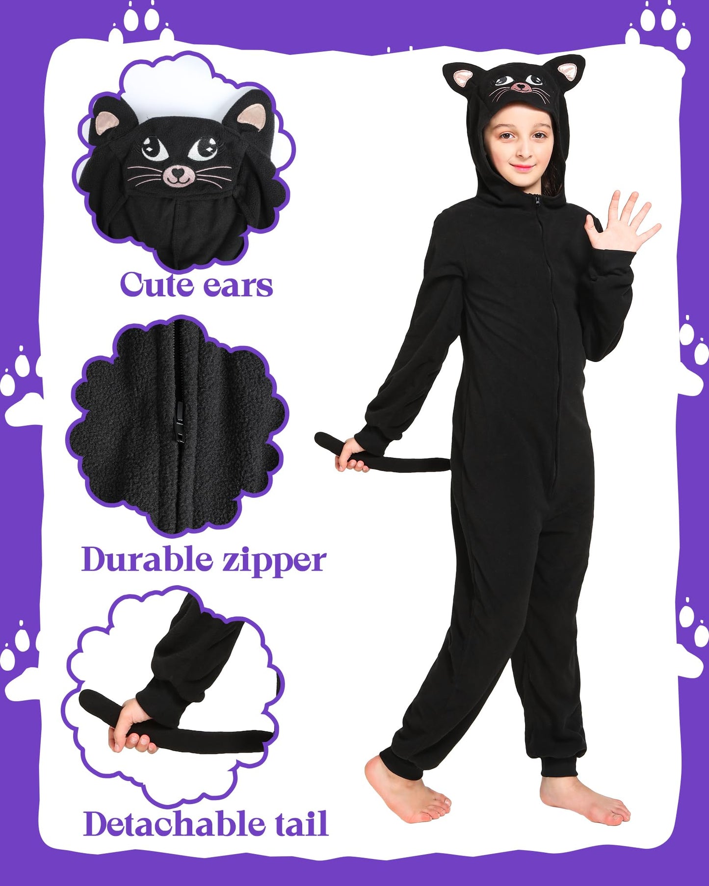 Wizland Black Cat Suit Costume, Halloween Animal Cosplay With Tail Ears For Boys Girls, Furry Gato Suit Disfraz For Kid Child And Toddler Girls Cat Costume 8-10