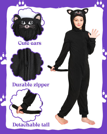 Wizland Black Cat Suit Costume, Halloween Animal Cosplay With Tail Ears For Boys Girls, Furry Gato Suit Disfraz For Kid Child And Toddler Girls Cat Costume 8-10