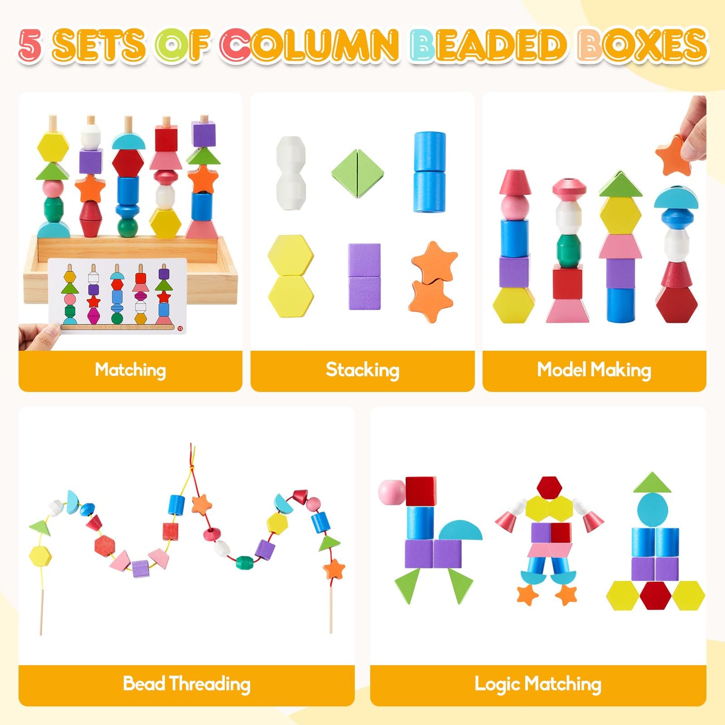 Montessori Wooden Toys, Lacing Beads & Stacking Block & Matching Shape Stacker, Montessori Wooden Beads Sequencing Toy Set, Stem