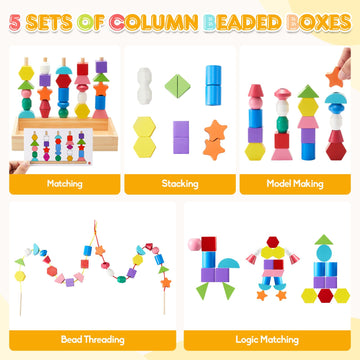 Montessori Wooden Toys, Lacing Beads & Stacking Block & Matching Shape Stacker, Montessori Wooden Beads Sequencing Toy Set, Stem