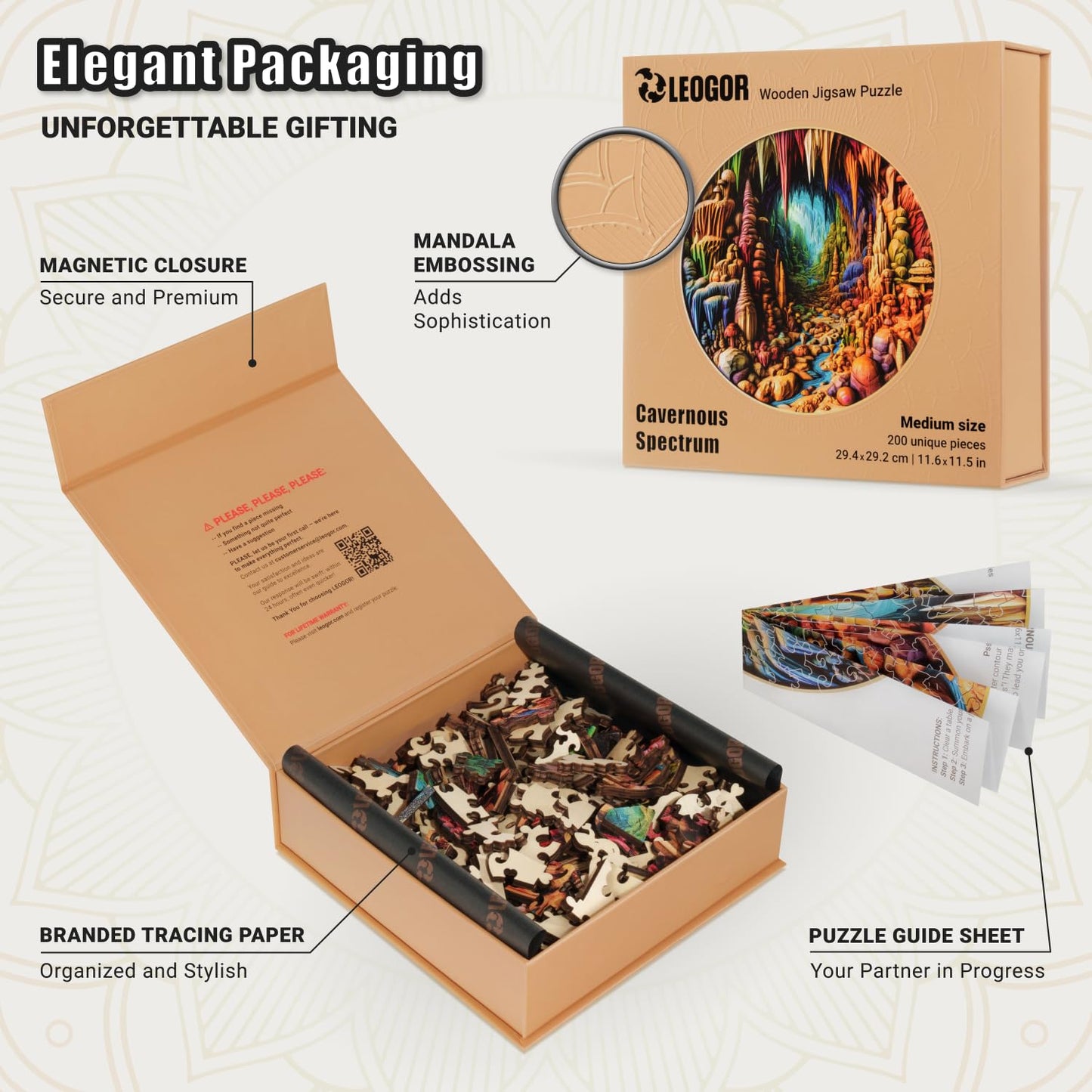 Cavernous Spectrum - 200 Piece Wooden Puzzles for mature-themeds - 11.6 x 11.5 in - Extra-Thick 5 mm Wood Puzzle  Hand-Shaped Pieces  Round Mosaic Design - enhanced Gift for Puzzle Lovers by LEOGOR