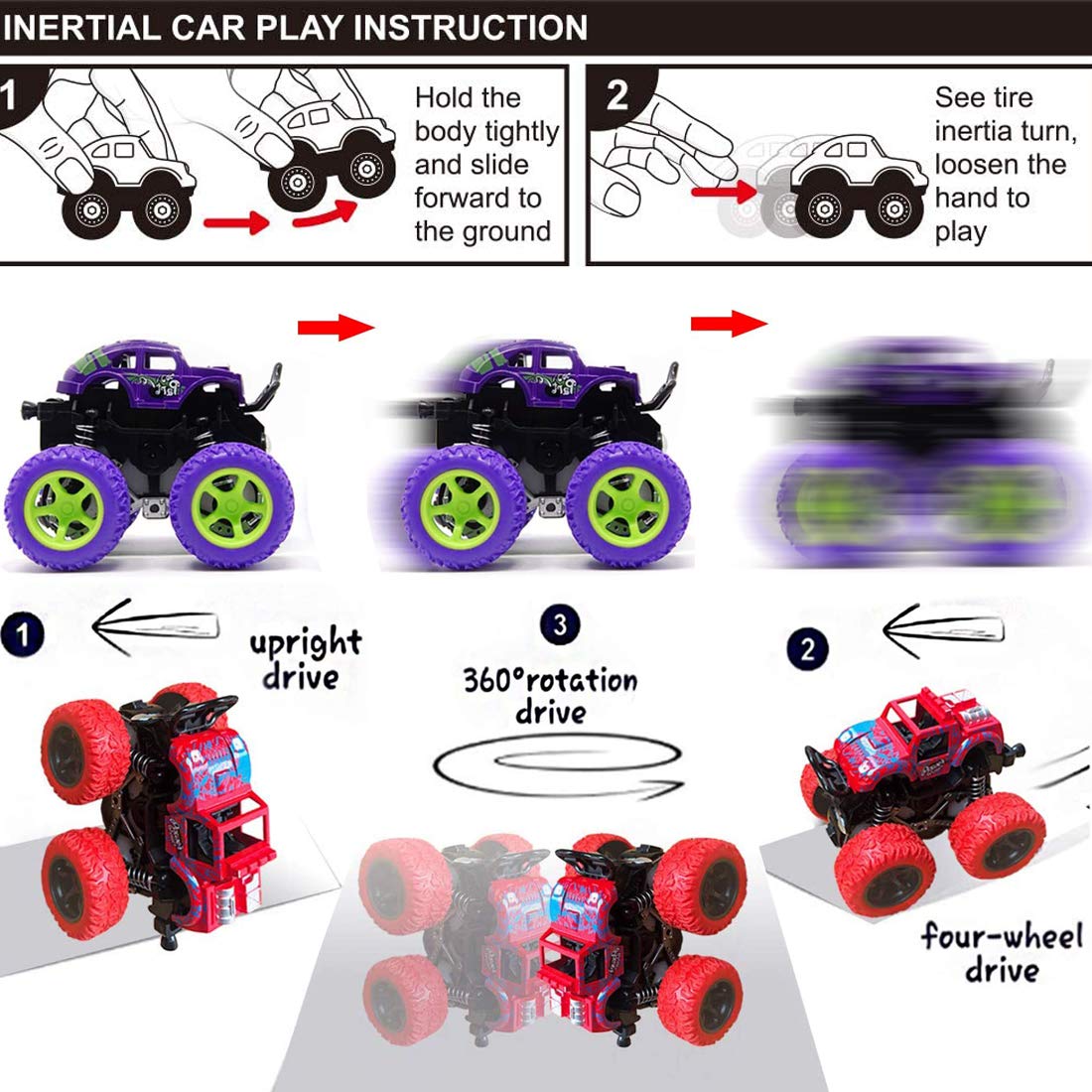 Monster Trucks for Boys, 4 Pack Pull Back Vehicles Cars for Toddlers, 360 Rotation 4 Wheels Drive Durable Friction Cars Powered