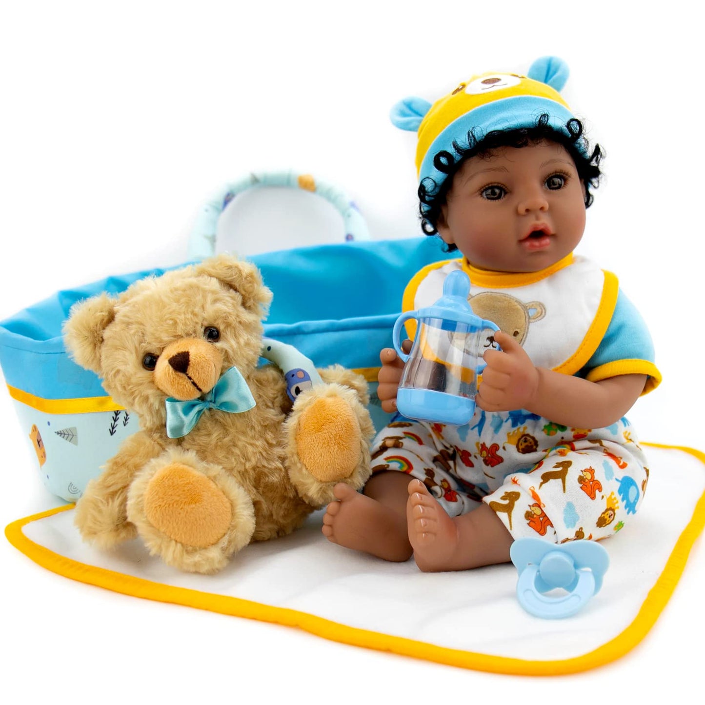 Aori Reborn Baby Dolls Black Blue Bassinet 18 Inch Lifelke Baby Boy Doll Biracial Newborn Baby In Carrier Bed With 7-Piece Gift Set