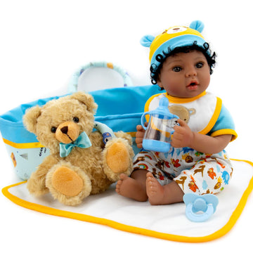 Aori Reborn Baby Dolls Black Blue Bassinet 18 Inch Lifelke Baby Boy Doll Biracial Newborn Baby In Carrier Bed With 7-Piece Gift Set