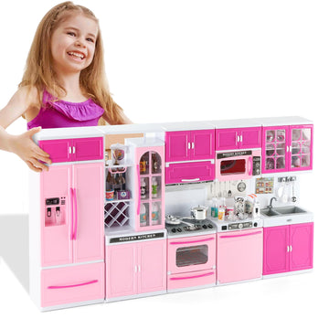 Socbtnso 64 Pcs Pink Kitchen Toys With Lights Sounds|Mini Kitchen House Furniture Sets For Kids Ages 4-8|Doll Playset Toys For T