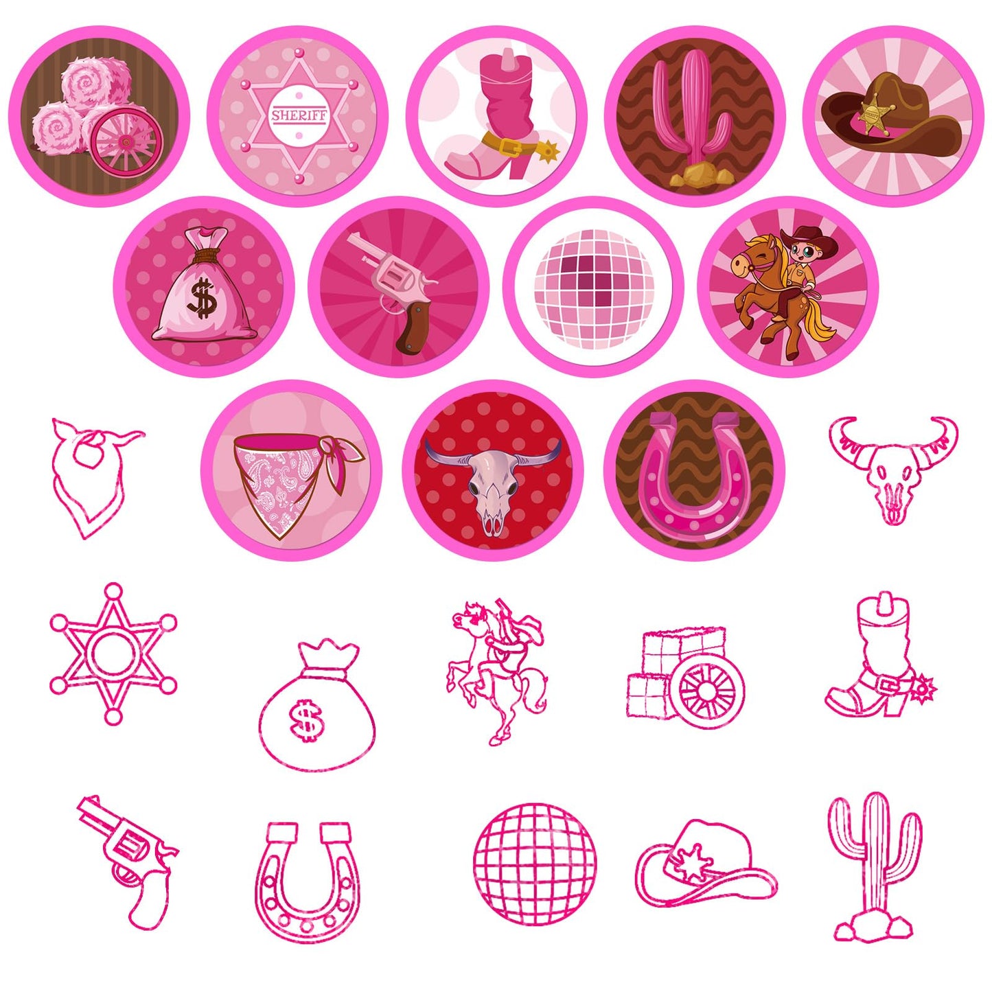 Cinrobiye 24 PCS Pink Western Cowgirl Party Stampers - Wild West Birthday Favors for Girls, Barn & Wooden House Party Supplies,