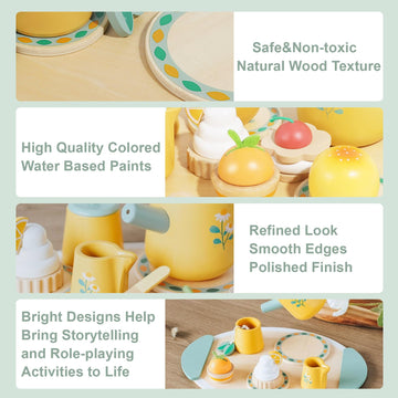 Wooden Tea Set For Toddlers Pretend Play Kitchen Accessories Little Girl Toys Tea Party Set For 3 4 5 6 Year Olds Enjoy Tea Time