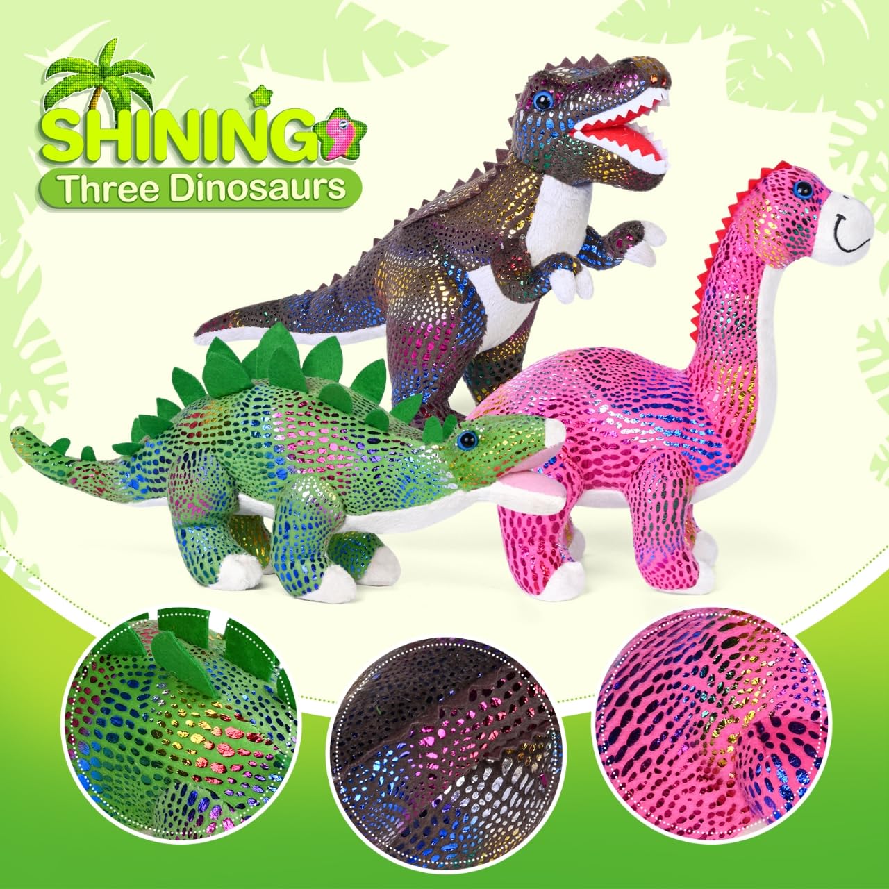 Madzee Plush Dinosaur Stuffed Animal Set Of 3 Soft Dinosaurs, 10'' Stuffed Dinosaur Set Includes T-Rex Brachiosaurus Stegosaurus