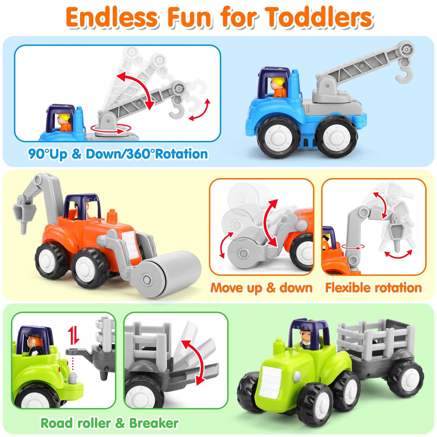 Orwine Toy Cars For 1 Year Old Boy, Inertia Toy Trucks, Early Educational Boy Toys Baby Toys 12-18 Months, Push And Go Cars Gifts For 1 Year Old Boys, Construction Vehicles Toddler Toys 4Pcs