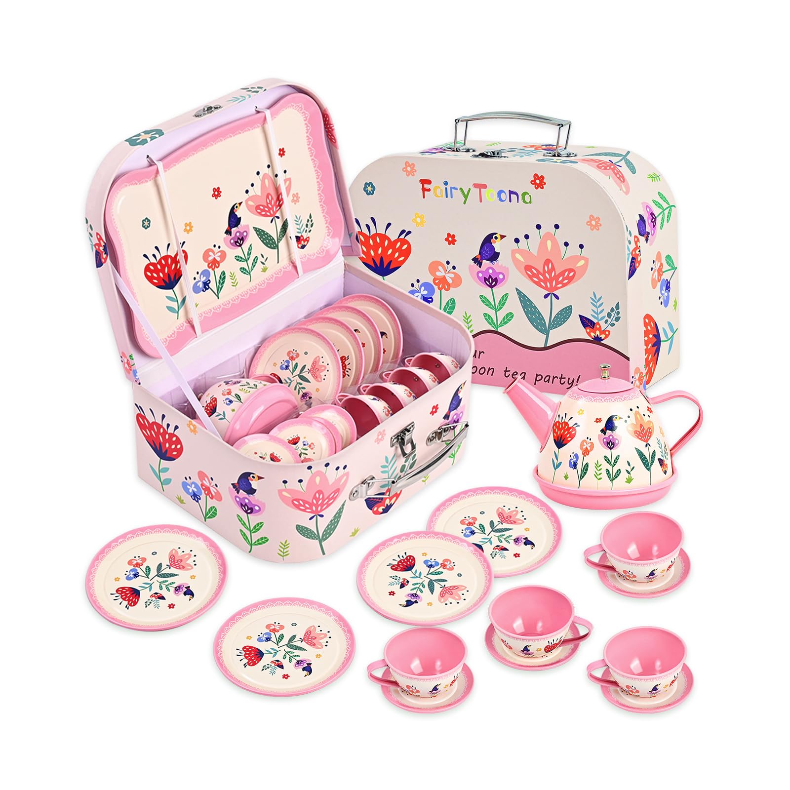 Fairy Toona Floral Tea Party Set for Little Girls Ages 3-6, 15-Piece Pretend Play Kitchen Toys with Teapot, Cups, Plates & Stora