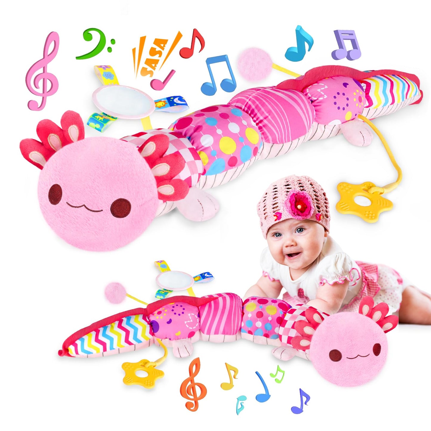 Baby Toys For 0-6 6-12 Months, Sensory Music Animal Stuffed Toy For 0 1 2 3 4 5 6+ Month, Plush Axolotl Toy With Crinkle And Rattles For Infant Newborn, Tummy Time Toys Gifts For 0-3-6-12 Month, Pink