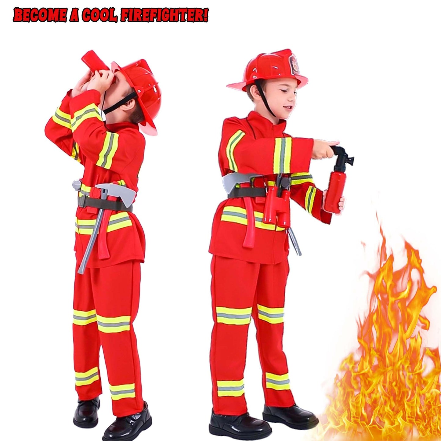 Watlie Firefighter Costume For Kids, Fireman Costume With Toy Accessories Set, Toddler Firefighter Costume For Boys And Girls, F