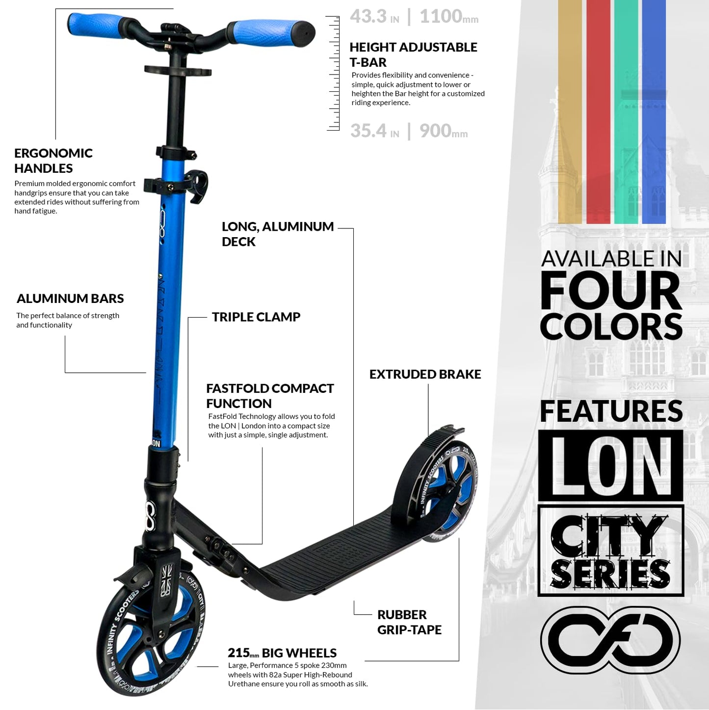 Crazy Skates Foldable Kick Scooter - Kick Scooters For Adults, Teens And Kids With Carrying Strap - Fast Folding, Adjustable Handlebars And Lightweight - London Scooter (Lon) - Blue
