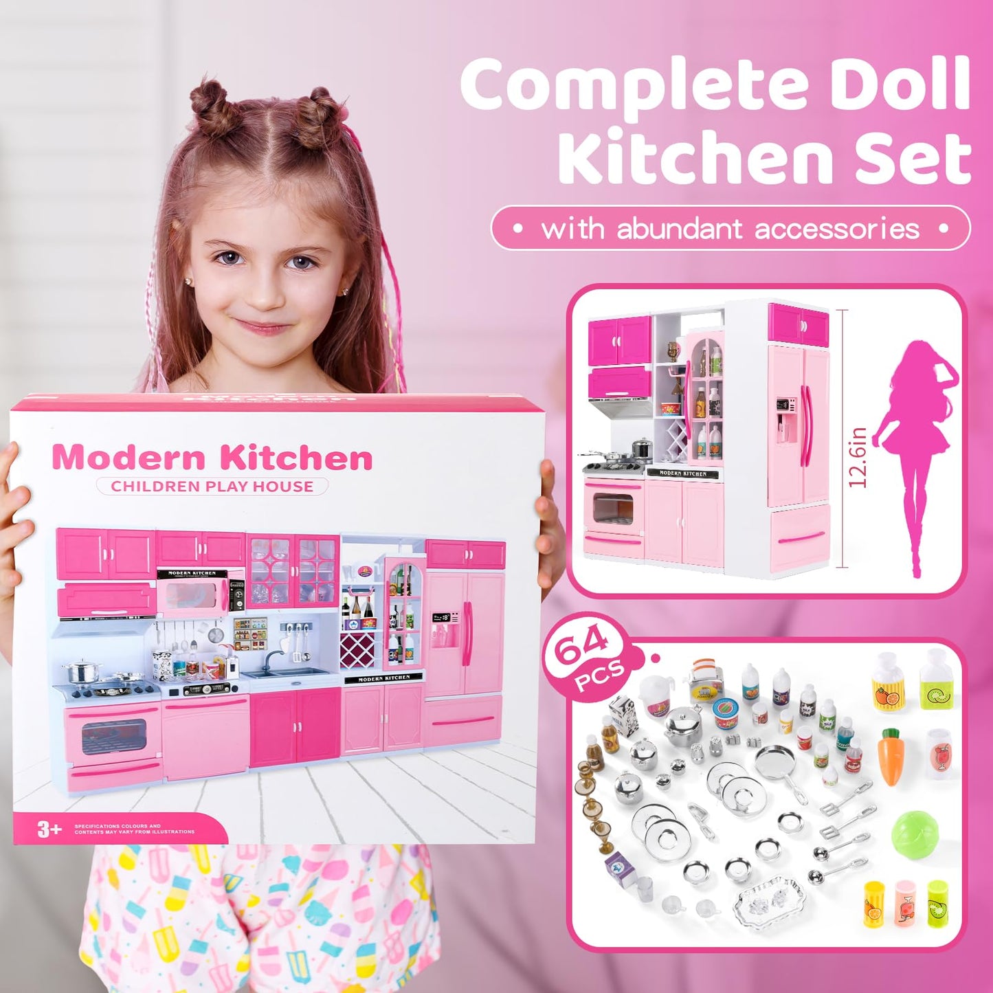 Socbtnso 64 Pcs Pink Kitchen Toys With Lights Sounds|Mini Kitchen House Furniture Sets For Kids Ages 4-8|Doll Playset Toys For T