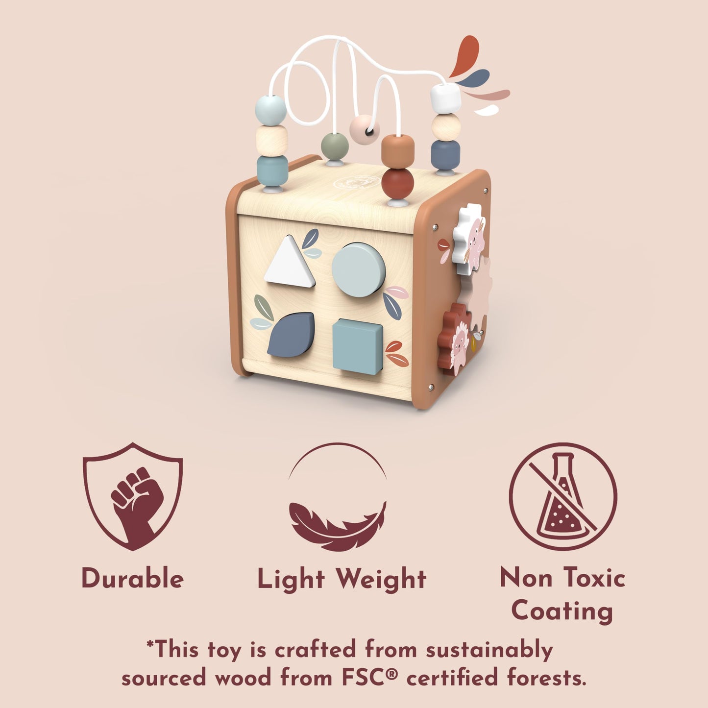 Speedy Monkey 5-in-1 Activity Cube, Educational Wooden Toy with Bead Maze, Shape Sorter, Gears, Puzzle & More, Develops Social,