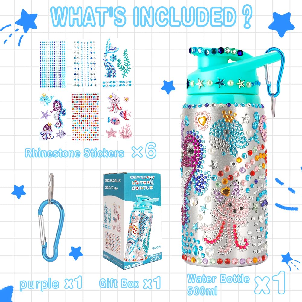 Decorate Your Own Water Bottle Kits For Girls Age 4 5 6 7 8 9 10-12 Year Old Girl Gifts, Mermaid Gem Diamond Painting Crafts, Di