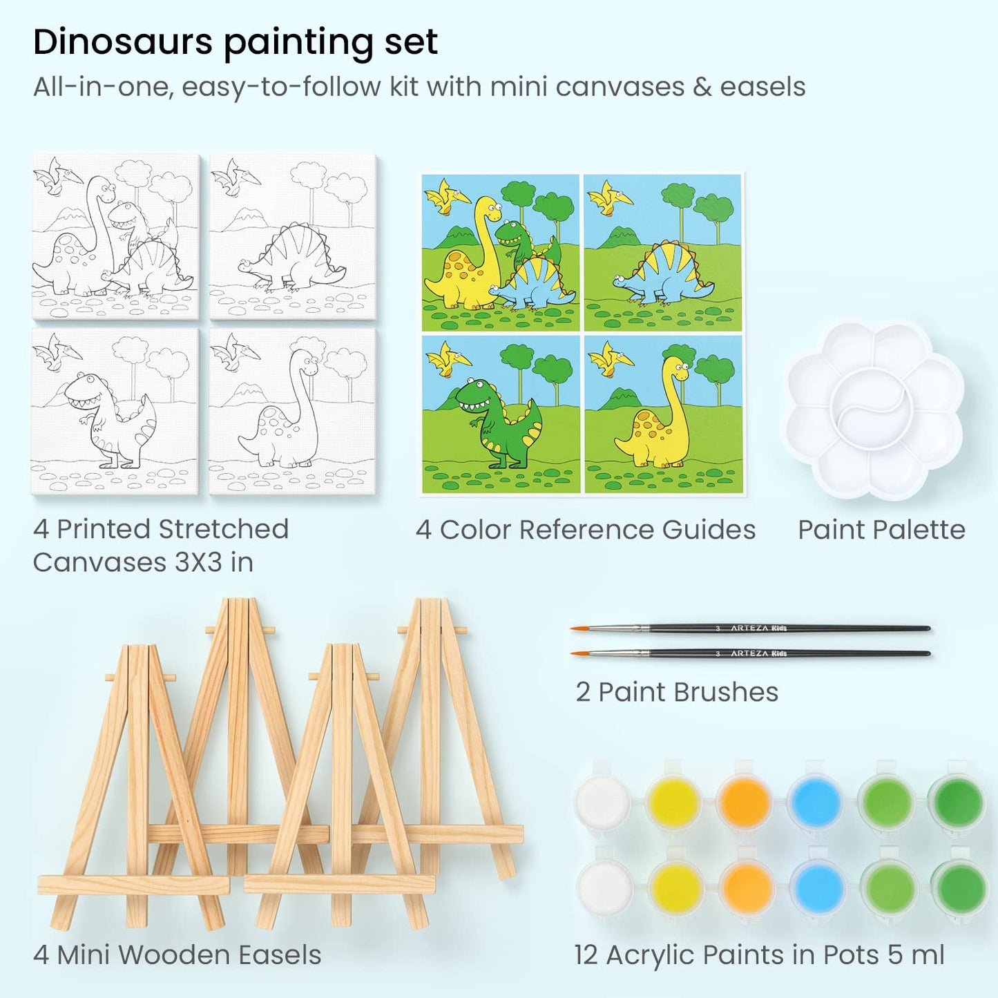 Arteza Kids Dinosaur Painting Kit, 4 Canvases 3 X 3 Inches, 4 Easels, 12 Acrylic Paints, 2 Paint Brushes, 1 Palette, Kids Activities For Ages 6 And Up