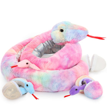 Maogolan Giant Snake Stuffed Animal, Realistic Large Mommy With 3 Babies & 3 Eggs Snakes Plush Toy, 79'' Long Rainbow Boa Constrictor Gift For Boys Girls Kids