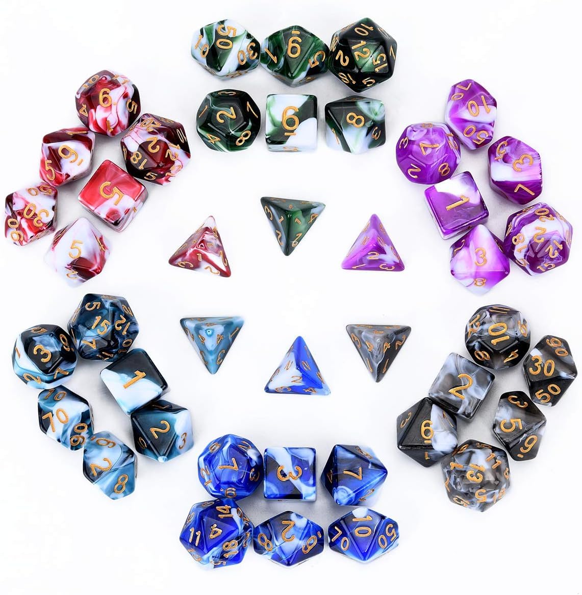 FLASHOWL Polyhedral Dice Set Table Games Dice Pressure Remove 6 Sets Dice 6 x 7 Die Series D20, D12, D10, D8, D6, D4 DND dice DN