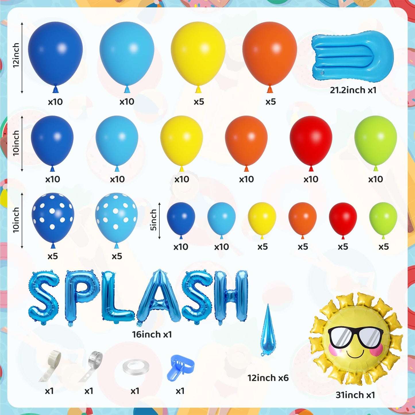 Amandir 159Pcs Summer Pool Beach Party Decorations Splash Tropical Balloon Garland Arch Kit Sun Watermelon Foil Balloons For Kid