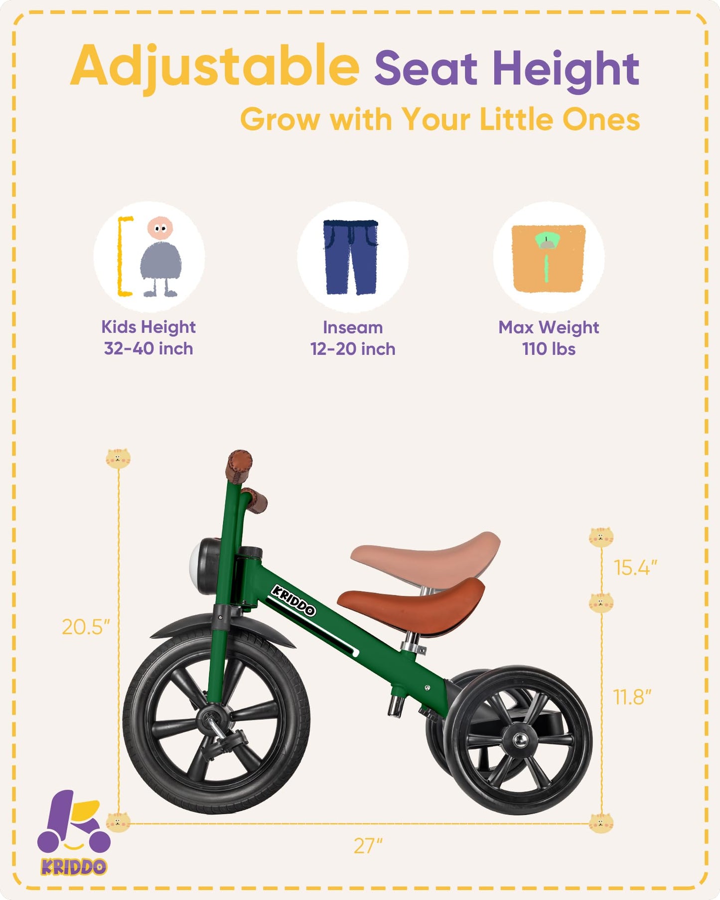 KRIDDO Kids Tricycles Age 2 Years to 5 Years, 12 Inch Puncture Free Rubber Wheel w Front Light, Adjustable Seat Height, Gift Tod