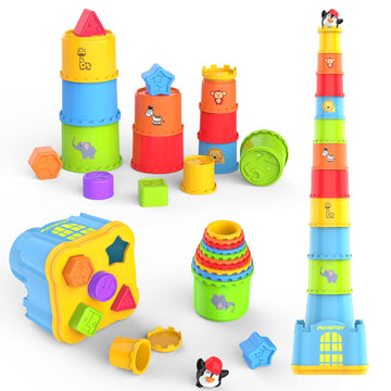 Moontoy Stacking Cups Baby Toy Set, 19Pcs Baby Stacking Toys For Toddlers 1-3, Shape Sorter Stackable Blocks Games Nesting Sorting Toys 6-12 Months 1 Year Old Easter Basket Stuffers Birthday Gift