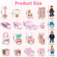 26pcs Wooden Dollhouse Furniture Set with 4 Family Dolls  Pink Dollhouse Accessories for 4 Rooms  Pretend Play Furniture Toy  Birthday Gift for Girls Boys Age 3 4 5 6 Years Old