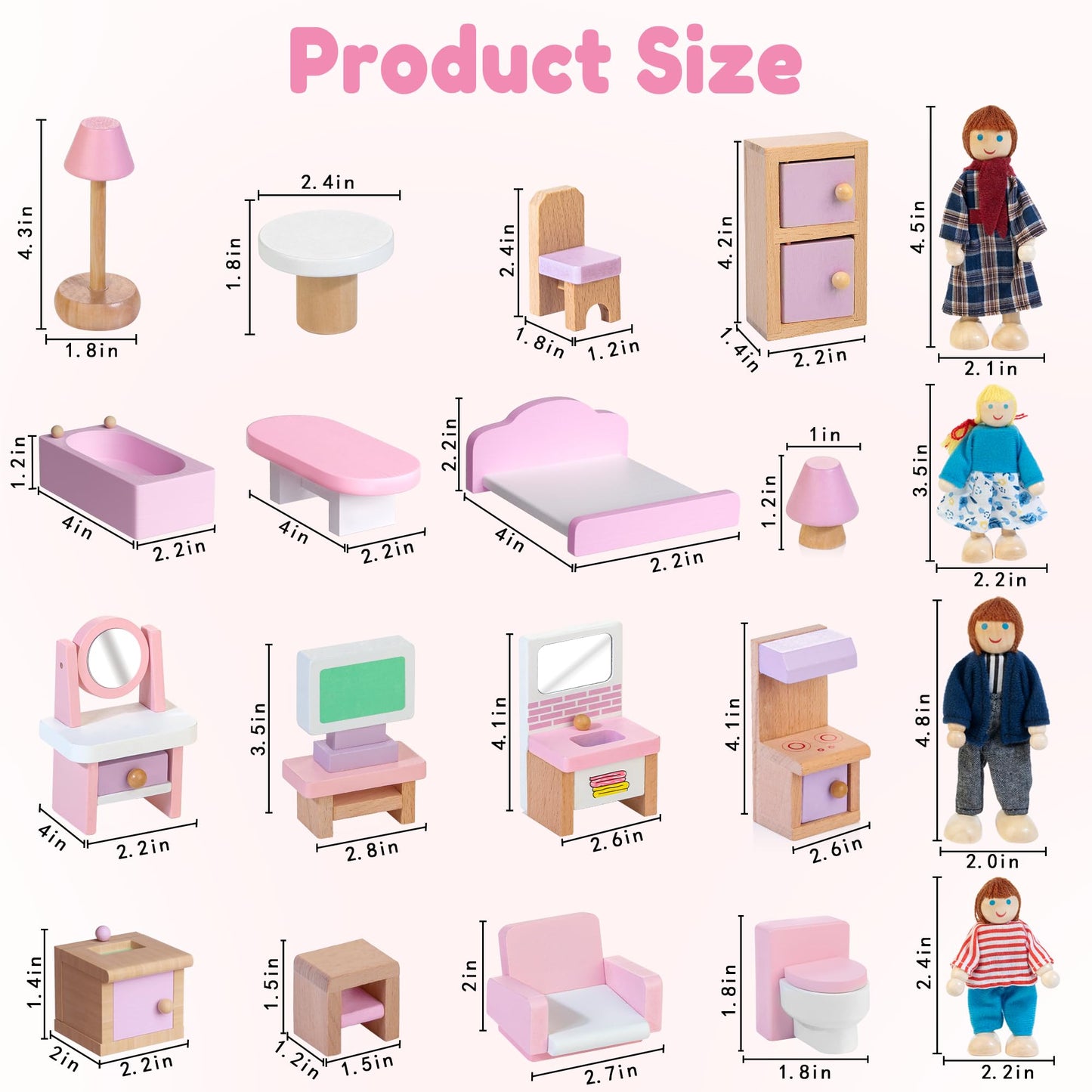 26pcs Wooden Dollhouse Furniture Set with 4 Family Dolls  Pink Dollhouse Accessories for 4 Rooms  Pretend Play Furniture Toy  Birthday Gift for Girls Boys Age 3 4 5 6 Years Old