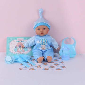 Haveahug 13'' Soft Baby Doll With Take Along Blue Doll Blanket, 6 Piece Play Set With Bottle & Accessories(Blue Blanket)