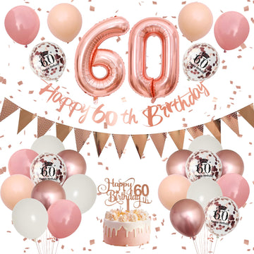 60Th Birthday Decorations Retro Pink Rose Gold,60Th Birthday Balloons,Happy 60Th Birthday Banner With Cake Toppers Rose Gold Num
