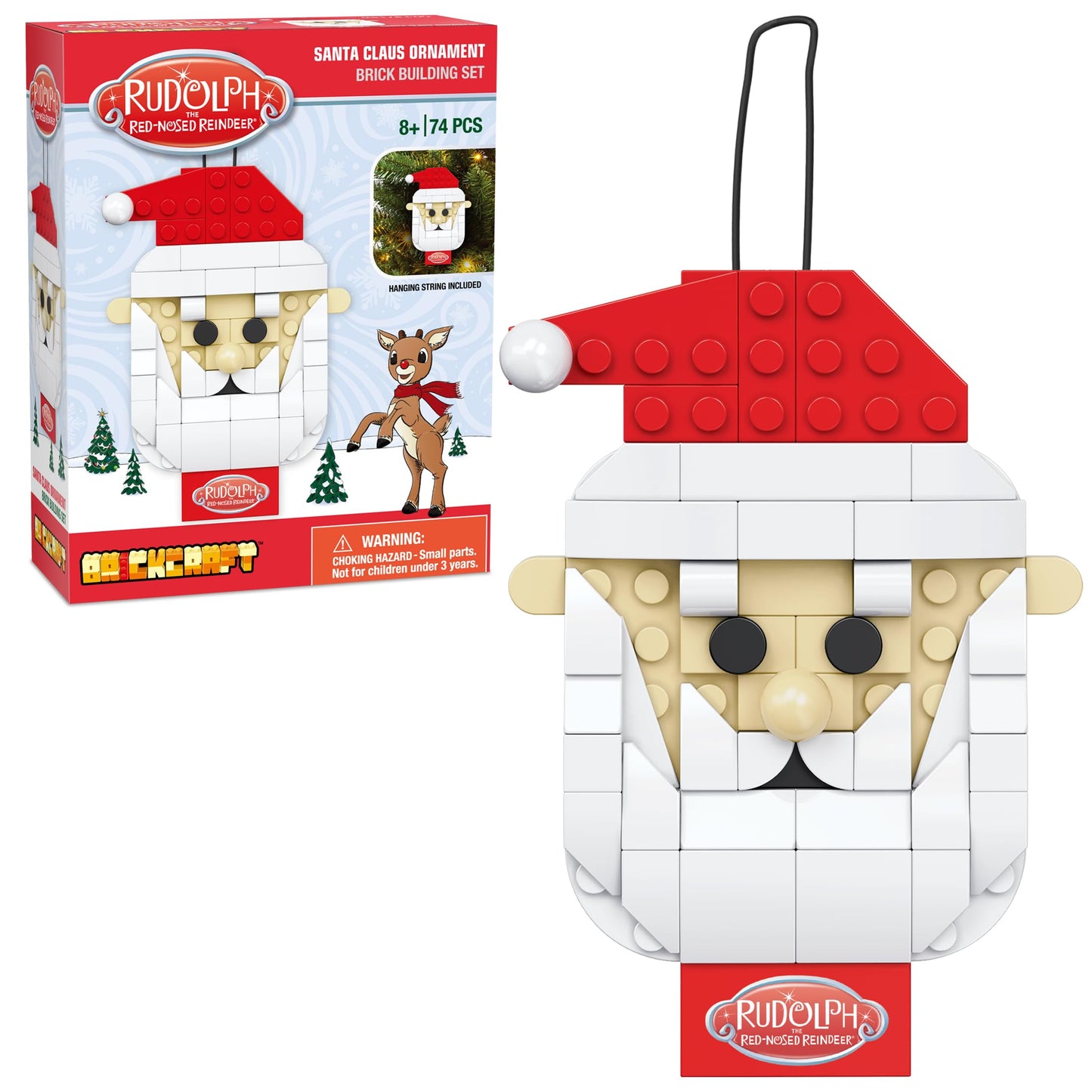 Brickcraft Rudolph the Red-Nosed Reindeer Santa Claus Ornament Brick Building Set, 74 Pieces DIY Holiday Christmas Block Kit wit
