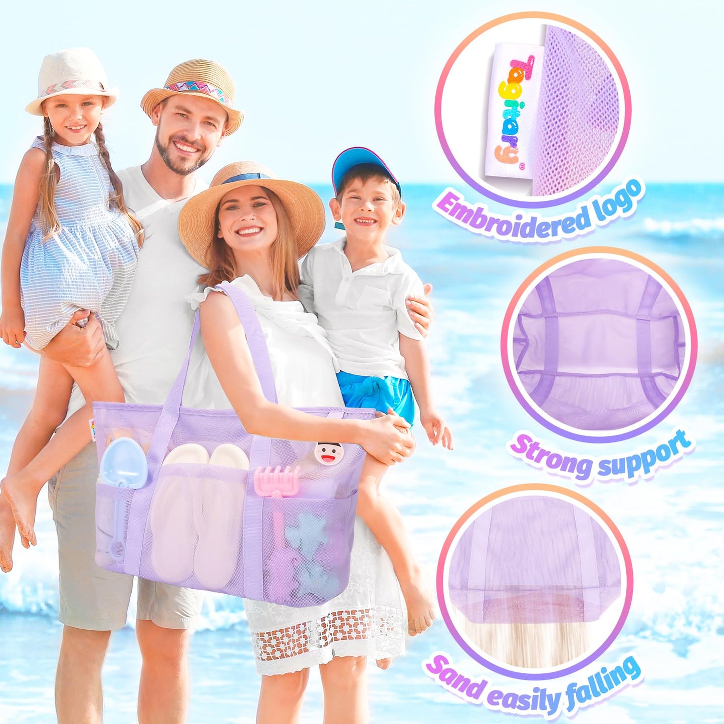 Tagitary Beach Toys Mesh Beach Bag with Zipper and 8 Pockets, Purple Large Beach Tote Waterproof Sandproof for Camping Sports Po