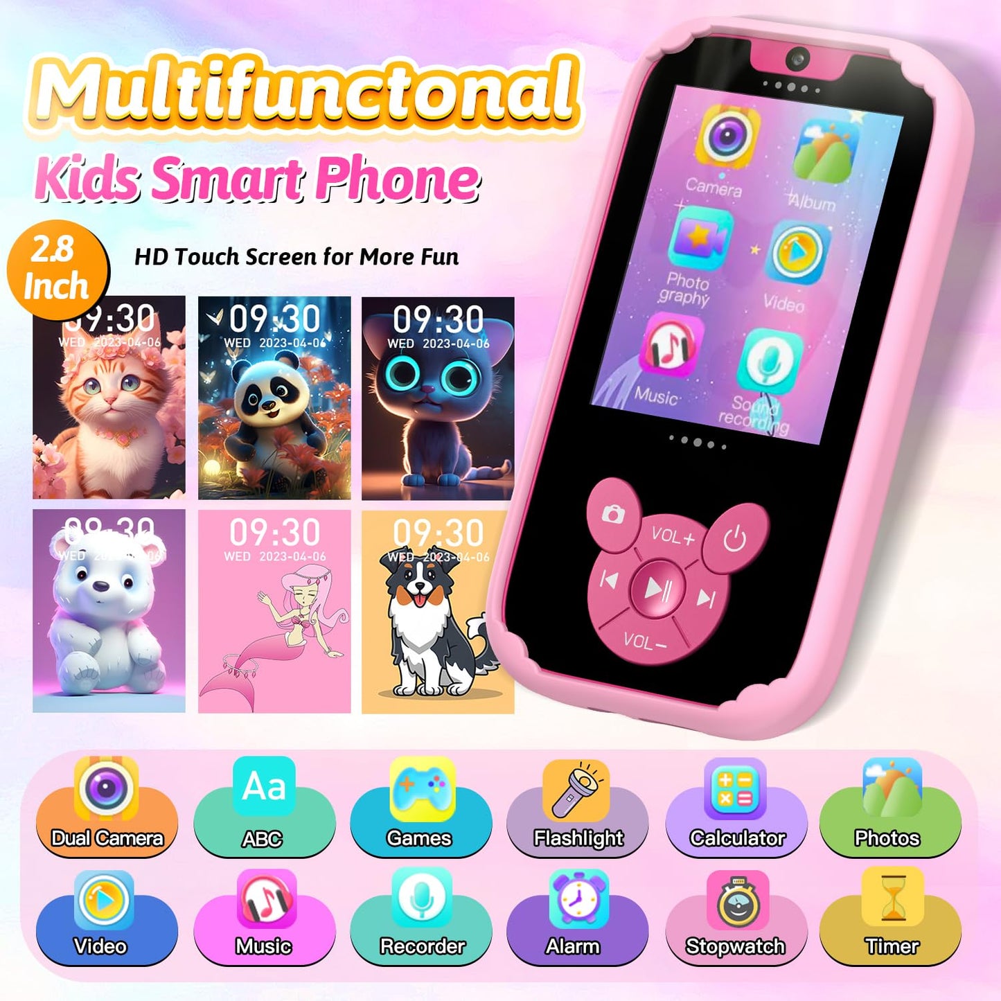 Upgrade Kids Smart Toy Phone, Christmas Birthday Gift For Girls Boys, 2.8' Hd Touch Screen Selfie Kids Camera Mp3 Player With 14 Puzzle Games For Toddlers, Learning Educational Gifts Toys For 3+ Years
